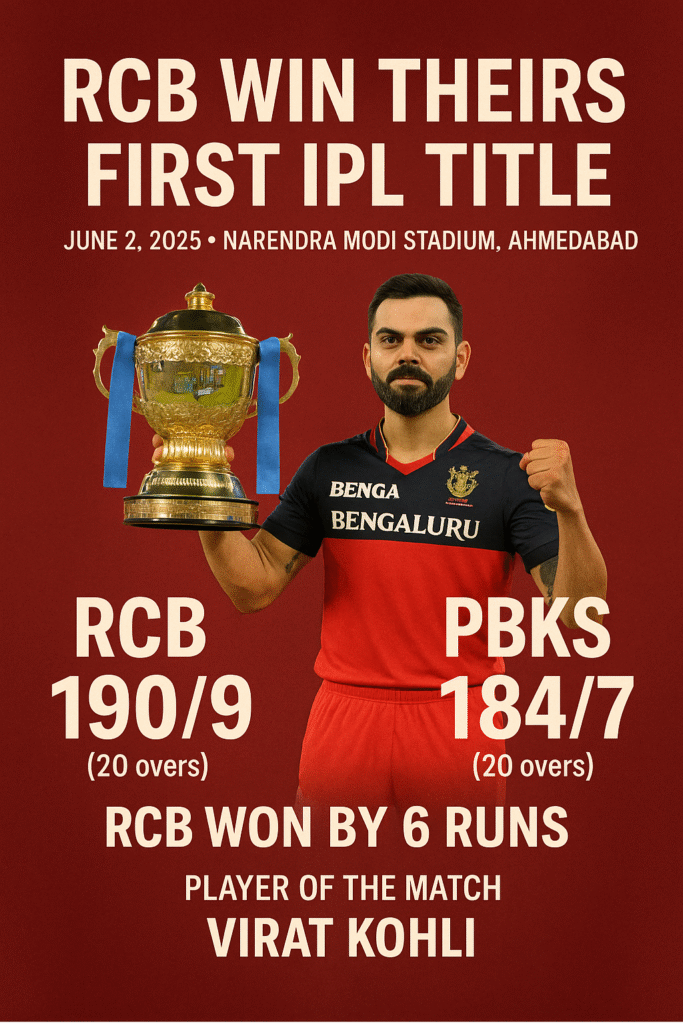 Virat Kohli holding the IPL trophy after RCB's first title win in 2025, with match score details and celebration backdrop.